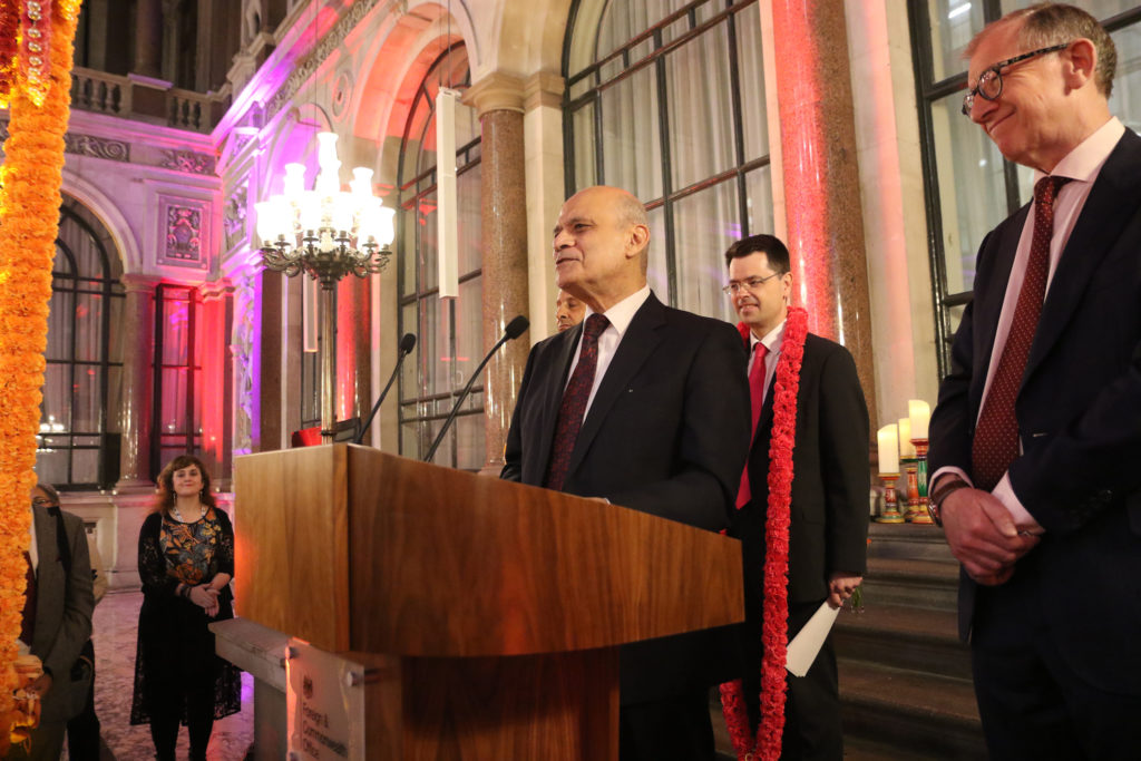 Kirit Modi speaking at a reception to mark Diwali on his voluntary work