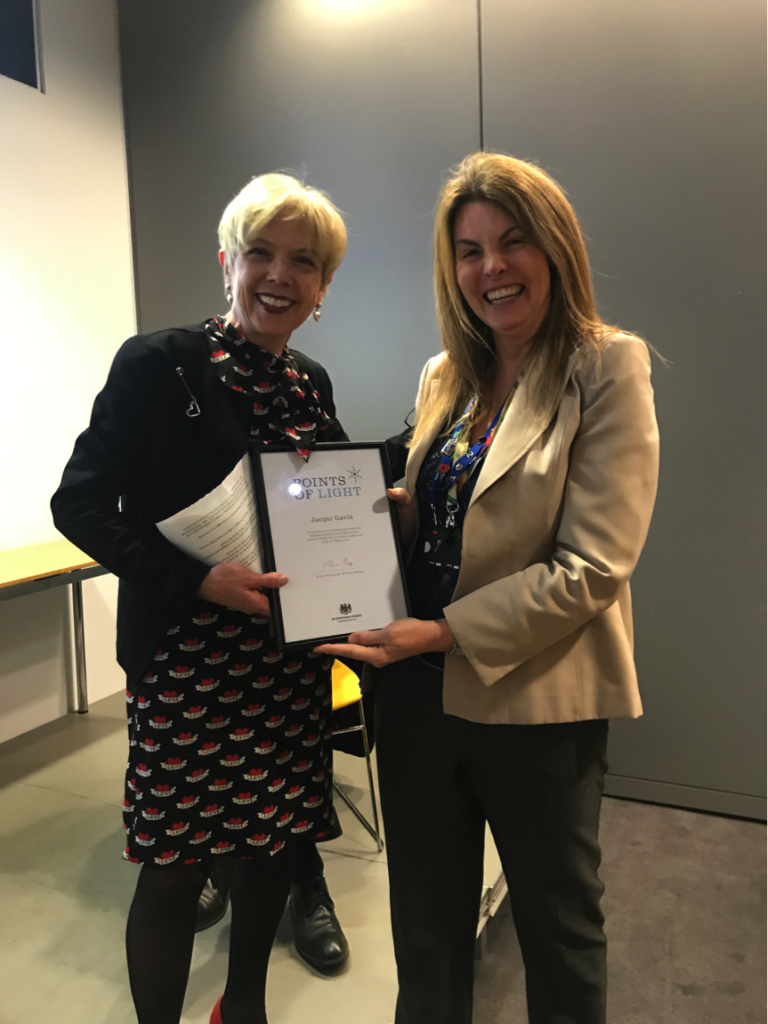 Jacqui Gavin presented with her award by DCMS Permanent Secretary Dame Sue Owen