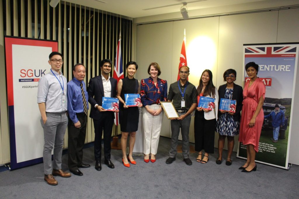 Fairoz Ahmad at UK in Singapore High Commission reception, alongside fellow scholarship and fellowship recipients