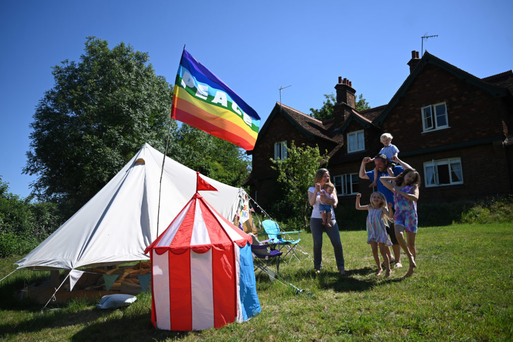 Sarah and family enjoying camping at home for GlastHOMEbury