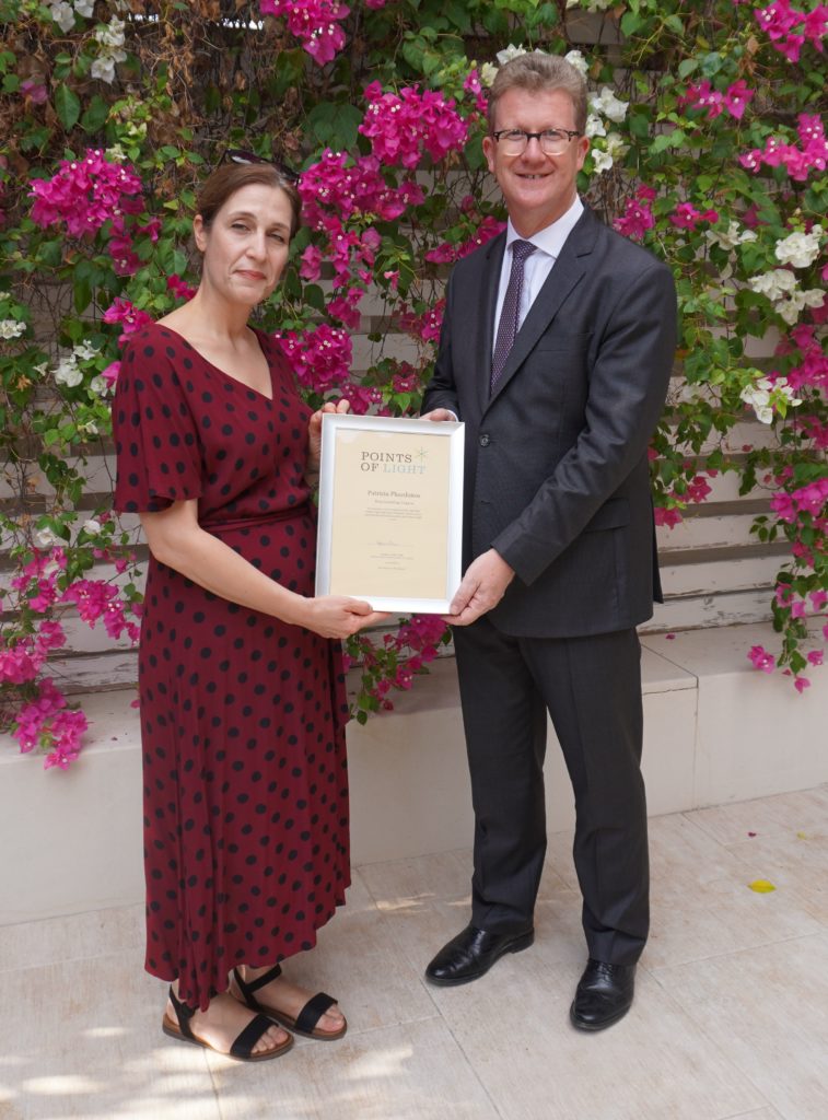 Patricia Phaedonos receiving her Commonwealth Points of Light award from British High Commissioner to Cyprus Stephen Lillie