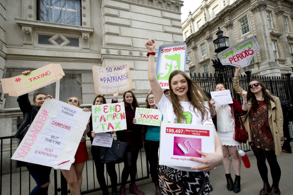 Laura leading the Stop Taxing Periods campaign on Whitehall in 2015