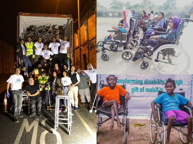 Khalid and volunteers with 'Wheels to Heal', and some of the beneficiaries of the charity's work