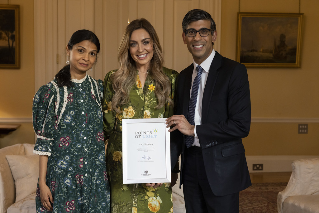 PM Rishi Sunak and his wife Akshata Murty present a Points of Light award to Amy Dowden at 10 Downing Street